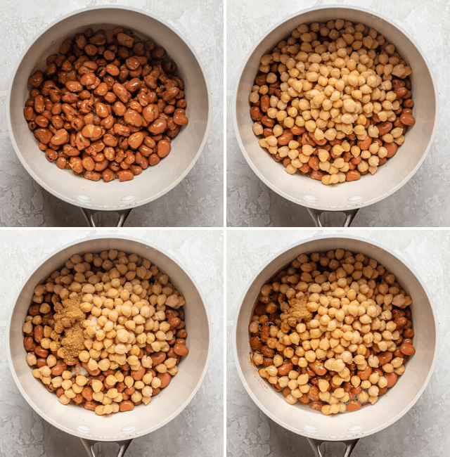 Process shots showing the fava beans in a pot, then adding the chickpeas, spices and water