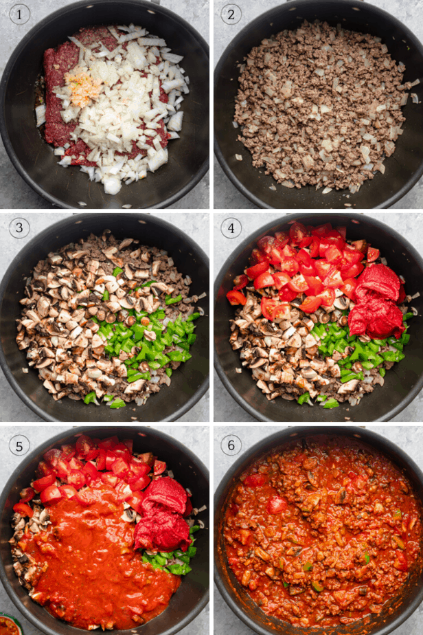 Process shots to show how to make the tomato meat sauce with ground beef, onions, garlic, tomatoes, green peppers, tomato paste and pasta sauce