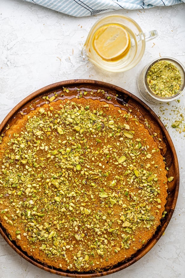 Final kanafa recipe sprinkled with crushed pistachios