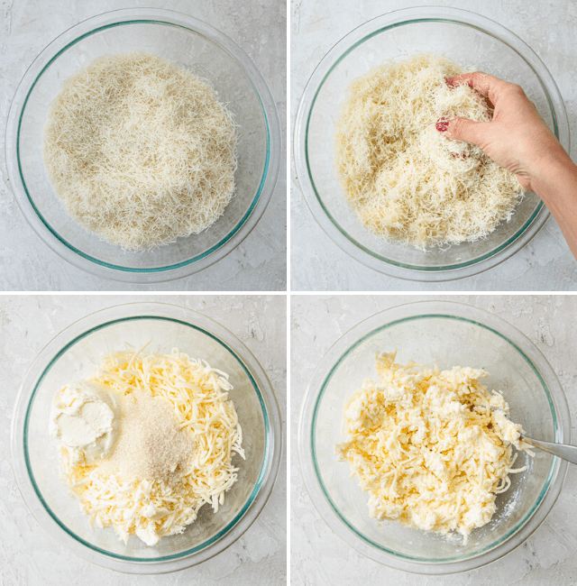Process shots showing the shredded dough mixture getting mixed with butter and the cheese mixture getting mixed