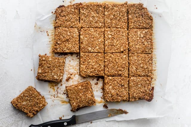 The pecan date bars cut into squares