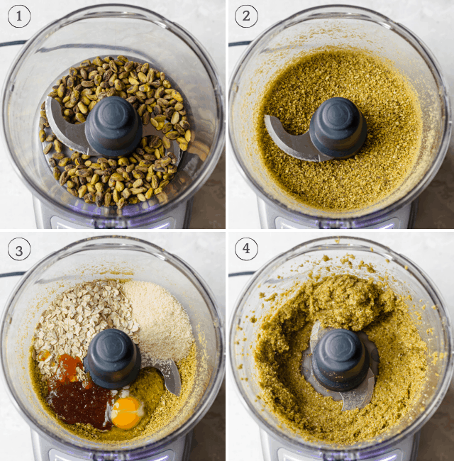 Process shots of the batter in the food processor showing the steps for making it