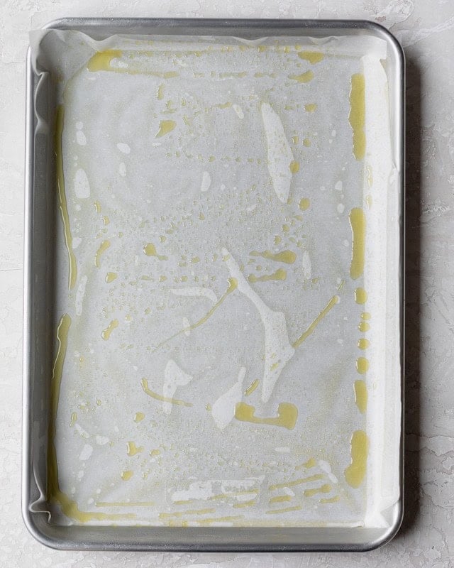 Greased sheet pan before adding the egg mixture.