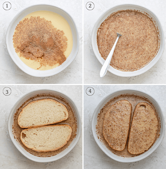 Process shots showing how to make the batter and then dipping the bread inside