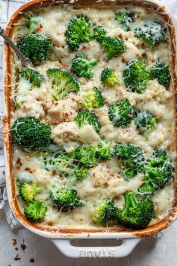 Chicken broccoli casserole in a dish after it's cooked