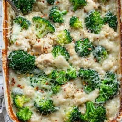 Chicken broccoli casserole in a dish after it's cooked