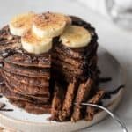 Bite cut into chocolate protein pancakes