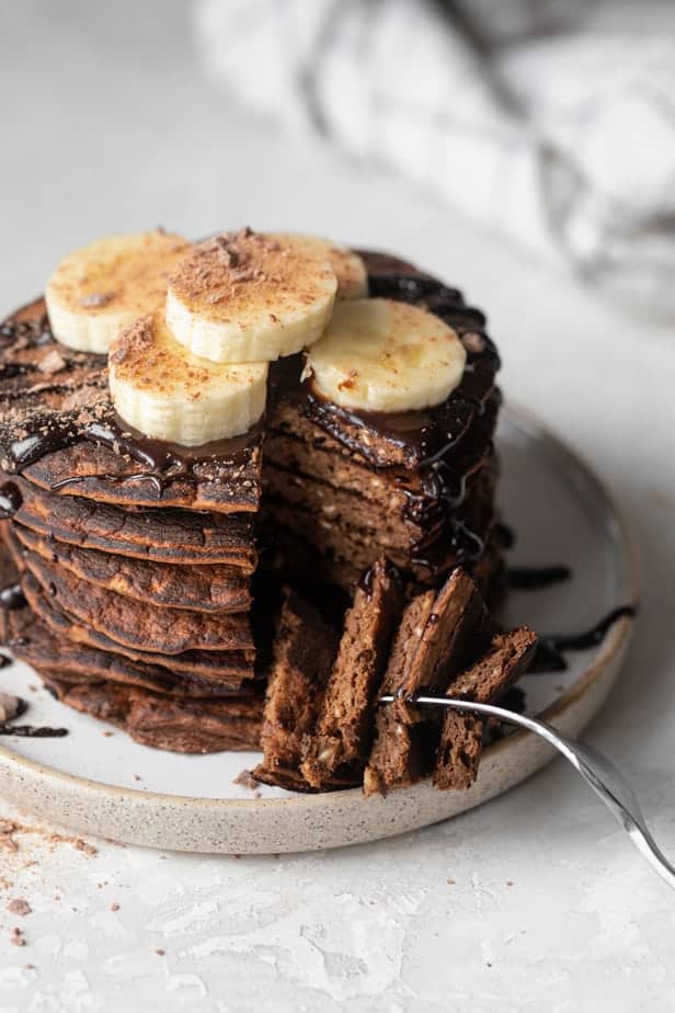 Bite cut into chocolate protein pancakes