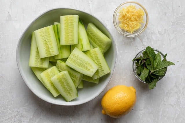 Ingredients to make the recipe: cucumbers, lemon juice, lemon zest, mint leaf