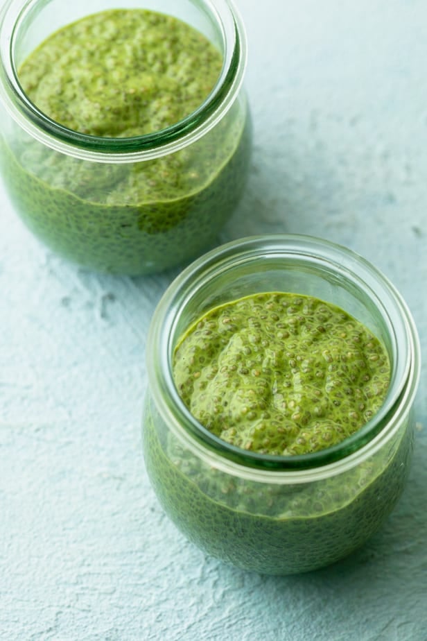Matcha chia pudding in two jars