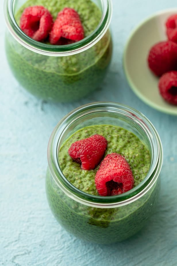 Chia seed pudding topped with raspberries