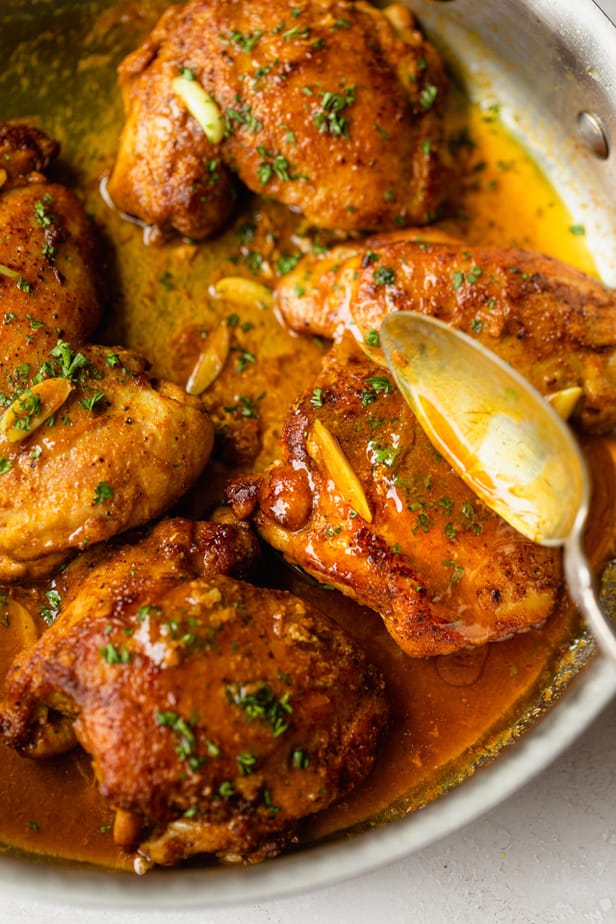 Saucy juicy chicken thighs made in a skillet
