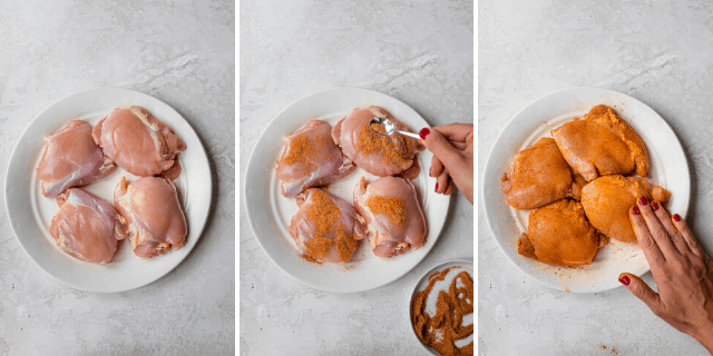 Process shots showing chicken thighs on a plate and then adding the seasoning