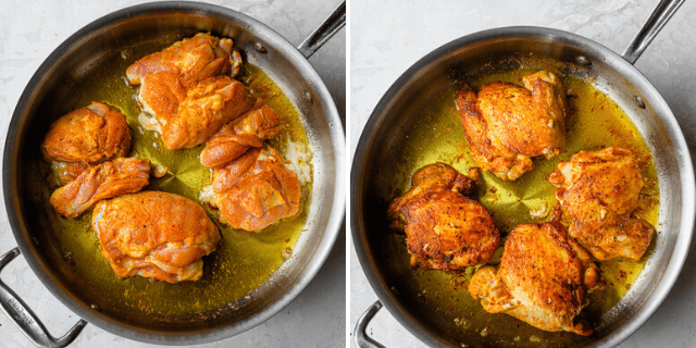 Process shots showing how to cook the chicken on a skillet