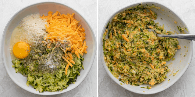 Process shots to show all the ingredients in a bowl before and after mixing