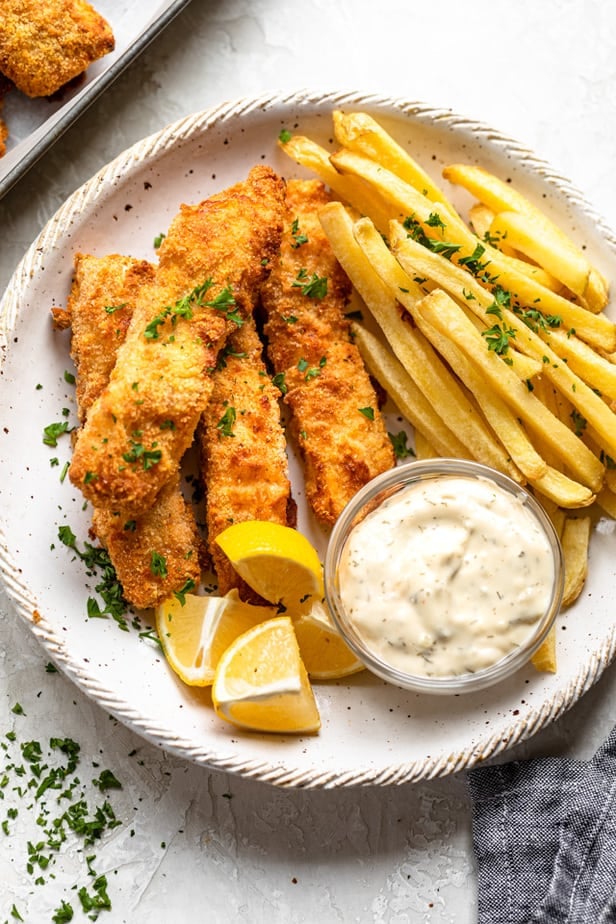 Plate of fish and chips with tartar sauce