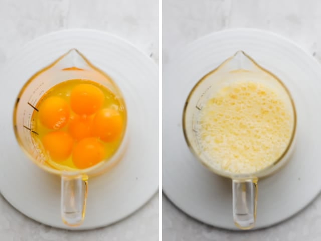 The eggs whisked in a jug