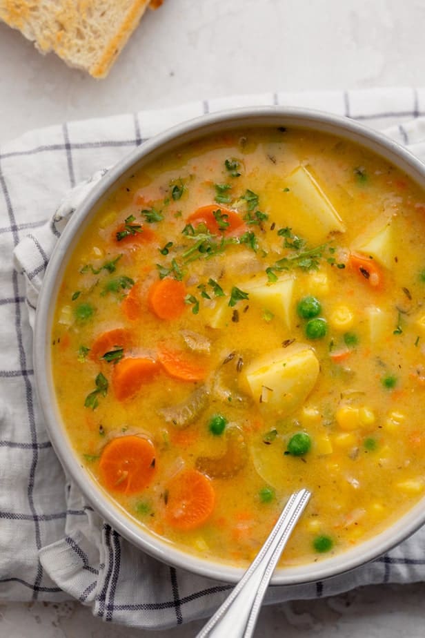 Overhead shot of Creamy vegetable soup in a bowl