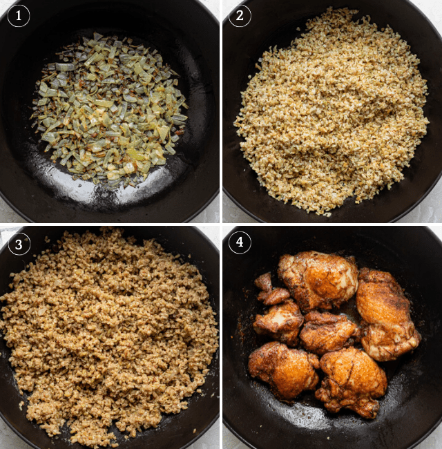Four shots to show how to make freekeh with chicken