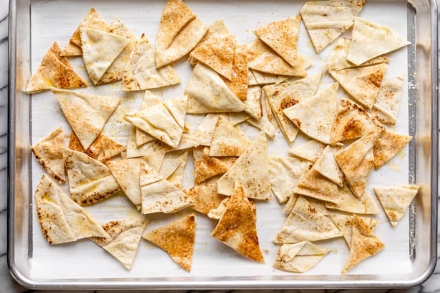 Pita tossed with olive oil, garlic powder, salt and pepper