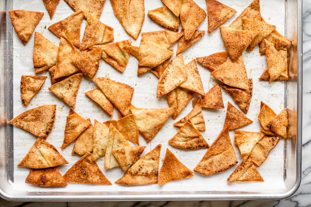 Homemade pita chips when they come out of the oven