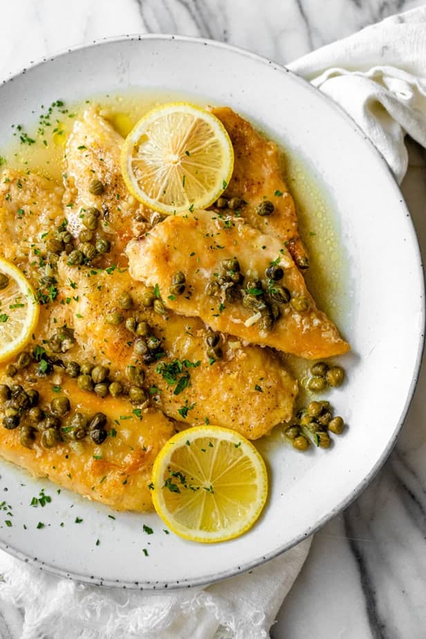 Lemon chicken piccata served with capers