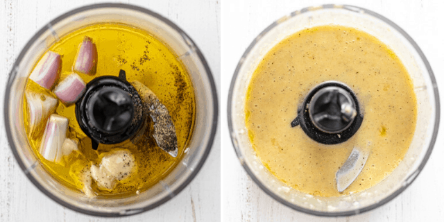 Process shots to show how to make the dressing in a small food processor