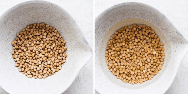 collage of chickpeas in a white bowl before and after soaking