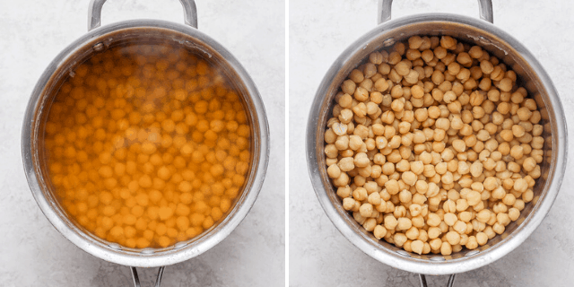 collage of water boiling in a pot with chickpeas