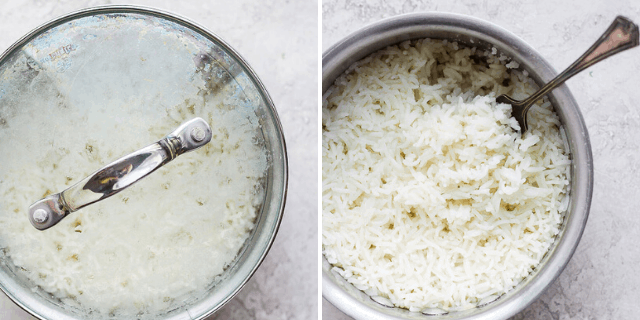 collage of white rice in a pot with and without lid