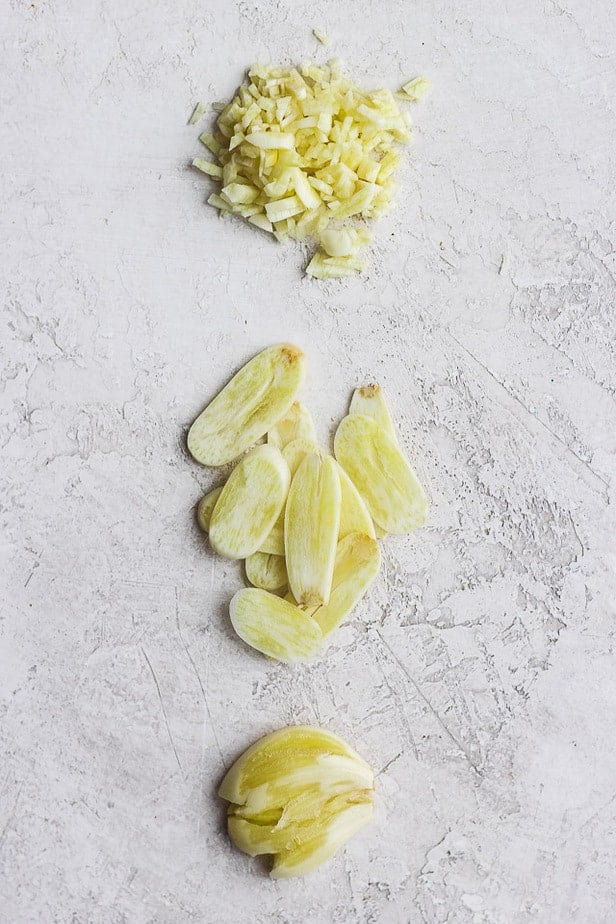 Three types of cut garlic - minced, sliced and crushed