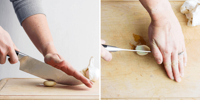 Process shots for how to slice garlic