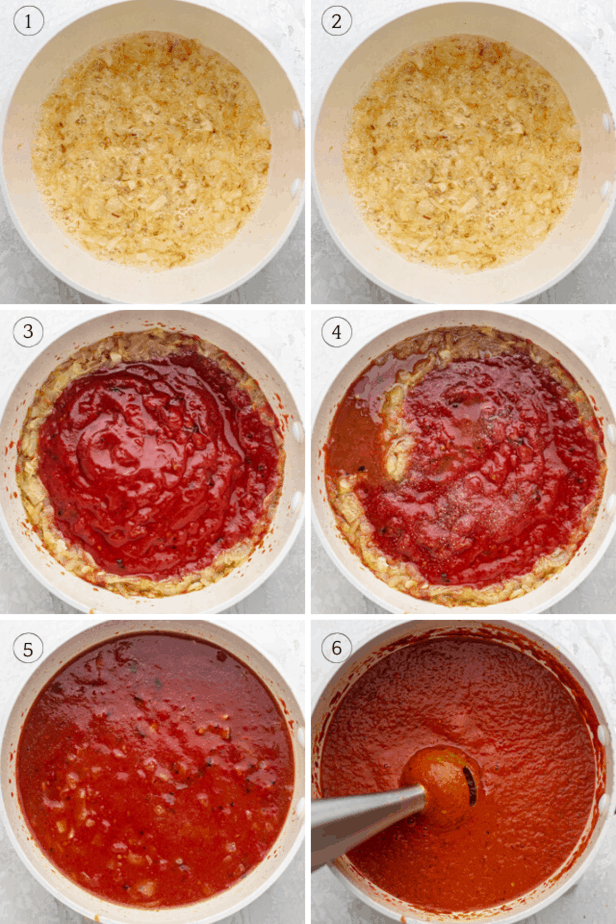 Process shots for making the soup in the pot and then blending with immersion blender