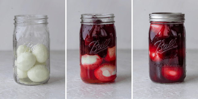 Three photos to show how to pickle the eggs and beets