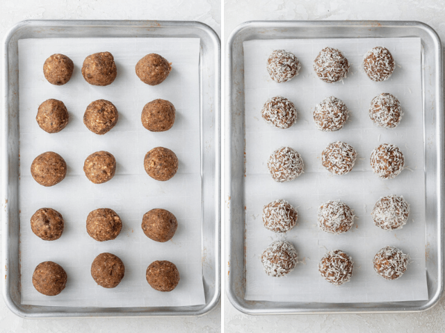 The balls on baking sheet before and after rolling into coconut