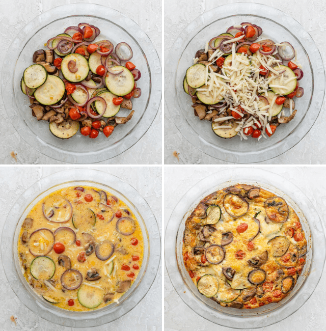 Four photographs to show how to make the crustless quiche