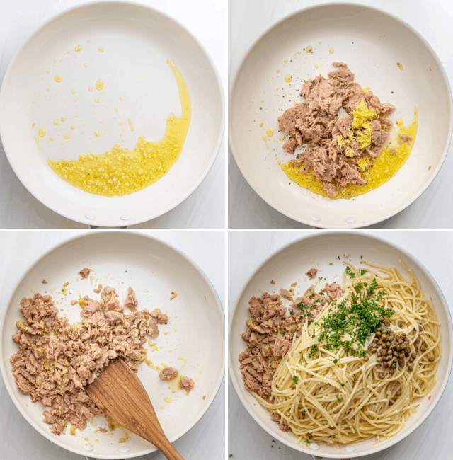 process shots of how to assemble garlic lemon tuna pasta in a bowl