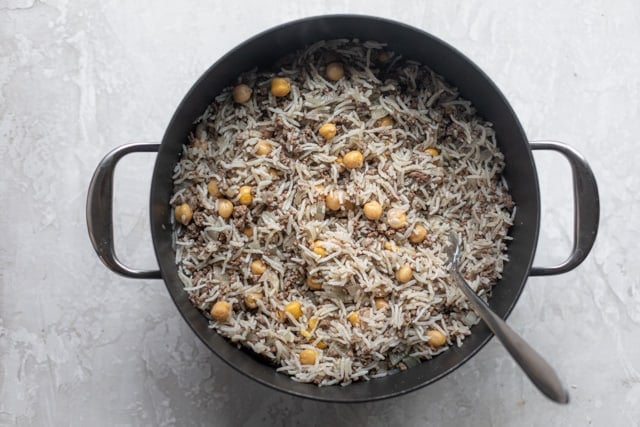 Ground beef and rice in a large pot ready to serve