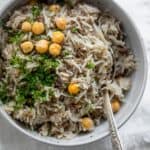 Mediterranean ground beef and rice with chickpeas in a bowl