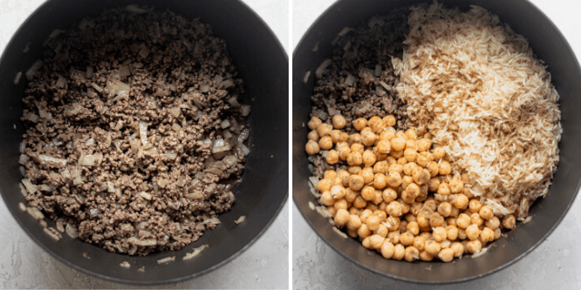 Process shots to show cooking the hashweh, then adding the rice and chickpeas