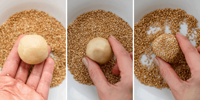 Process shots to show the dough getting rolled in sesame seeds