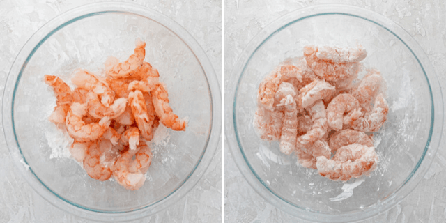 shrimp in a bowl tossed with garlic powder, starch and salt