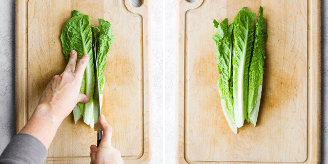 collage of knife slicing lettuce into strips