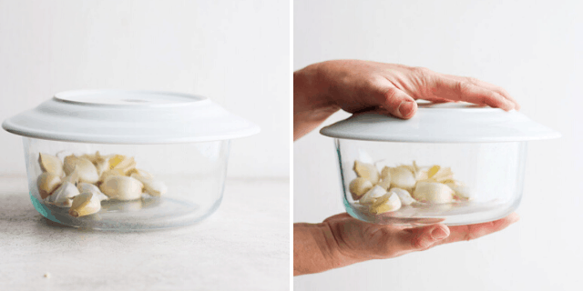 collage of garlic in a glass bowl