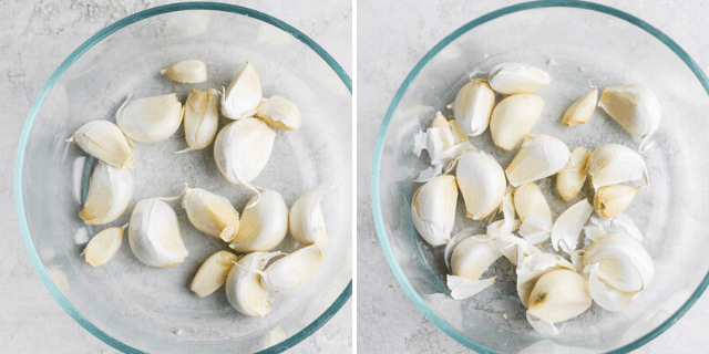 collage of garlic and peels in a glass bowl