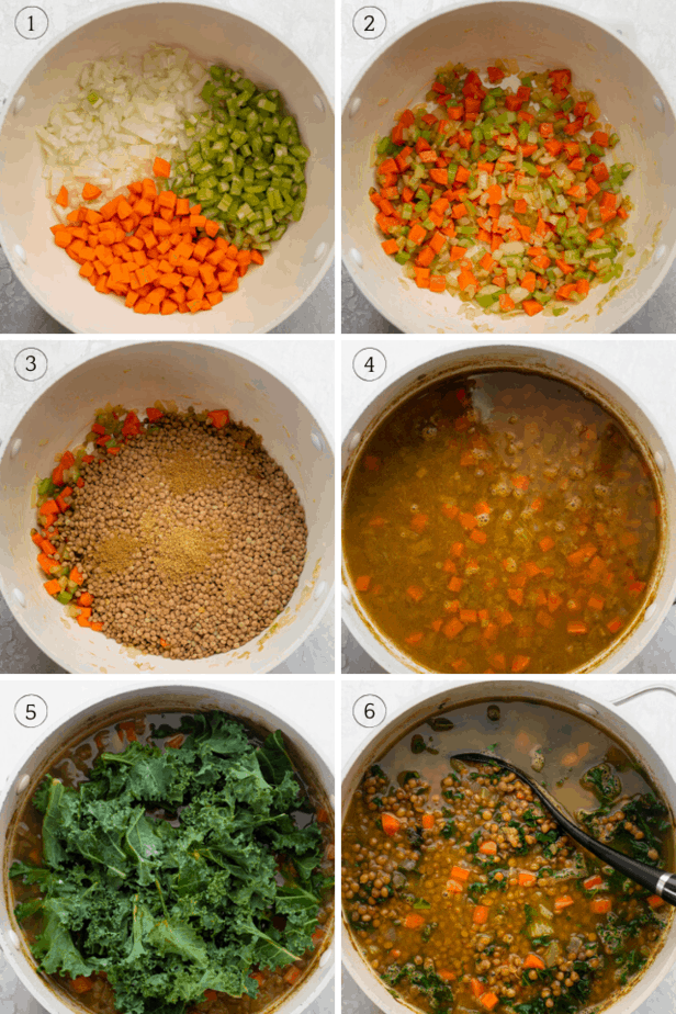 process shots of lentil kale soup being made in a pot