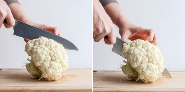 collage of knife chopping through cauliflower