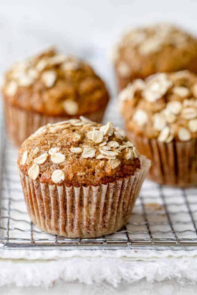 Healthy banana nut muffins on. a wire wrack