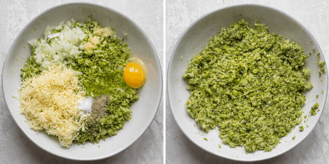 Process shots to show the ingredients for the fritters before and after mixing