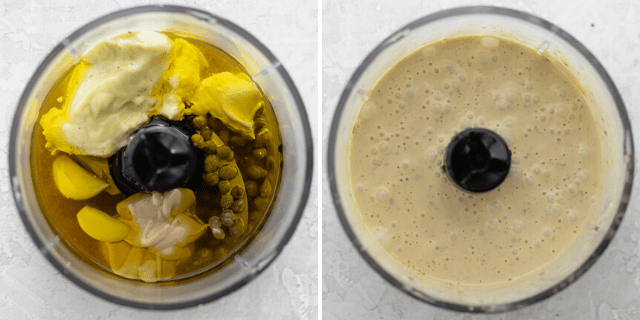 The dressing ingredients in a food processor before and after blending